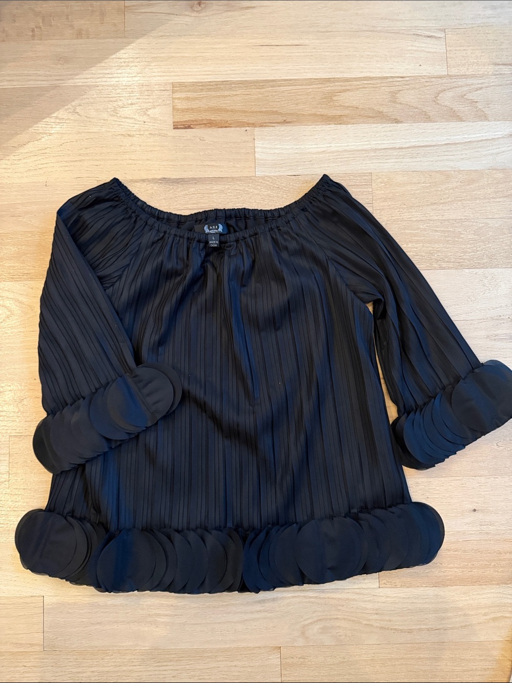 AZI Black Off-Shoulder Pleated Blouse with Circular Trim
